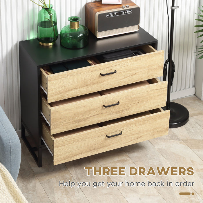 Drawer Chest, 3-Drawer Storage Cabinet Organiser with Steel Frame for Bedroom, Living Room, 80cmx35cmx75cm, Natural