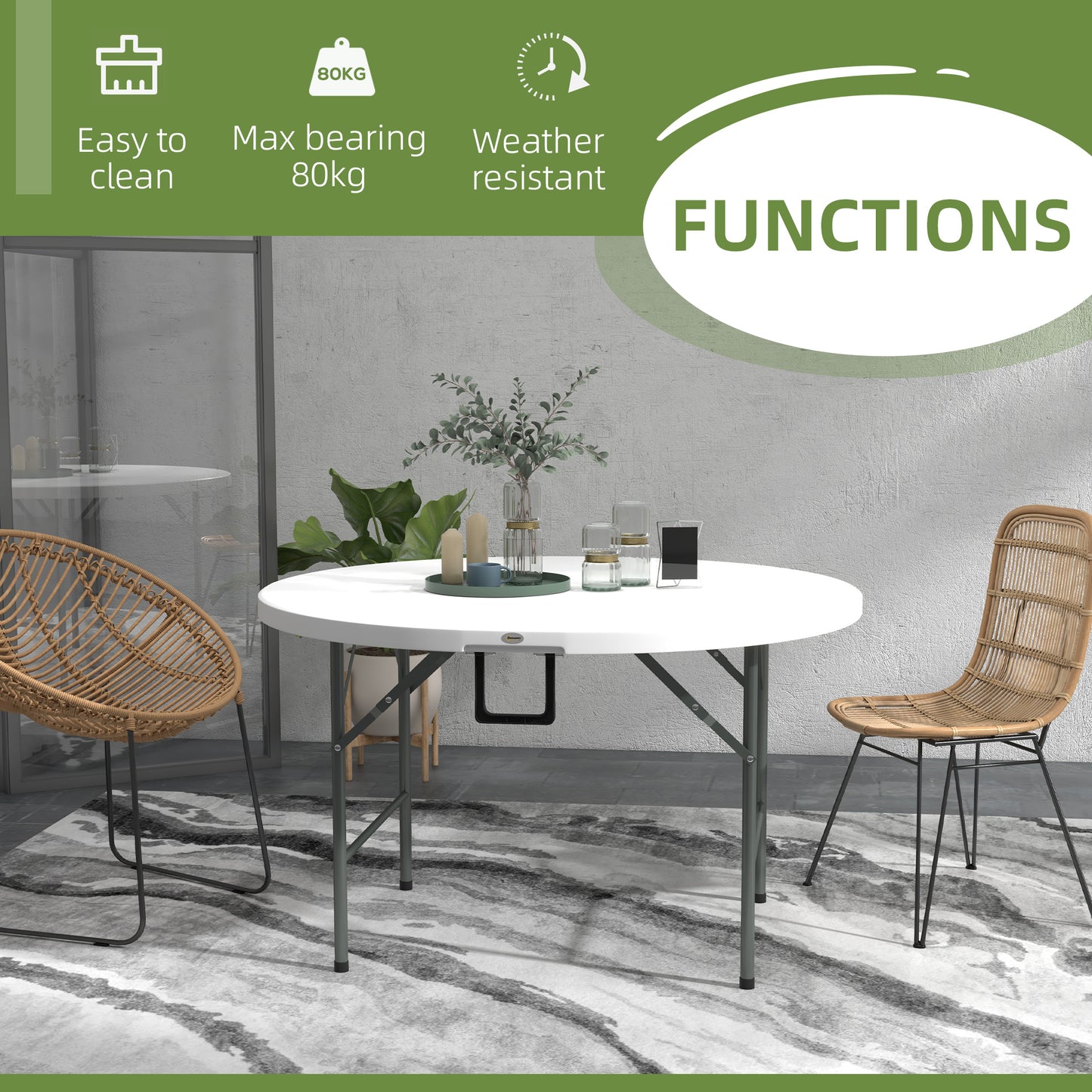 Folding Garden Outdoor Table For 6 - With Metal Frame, White