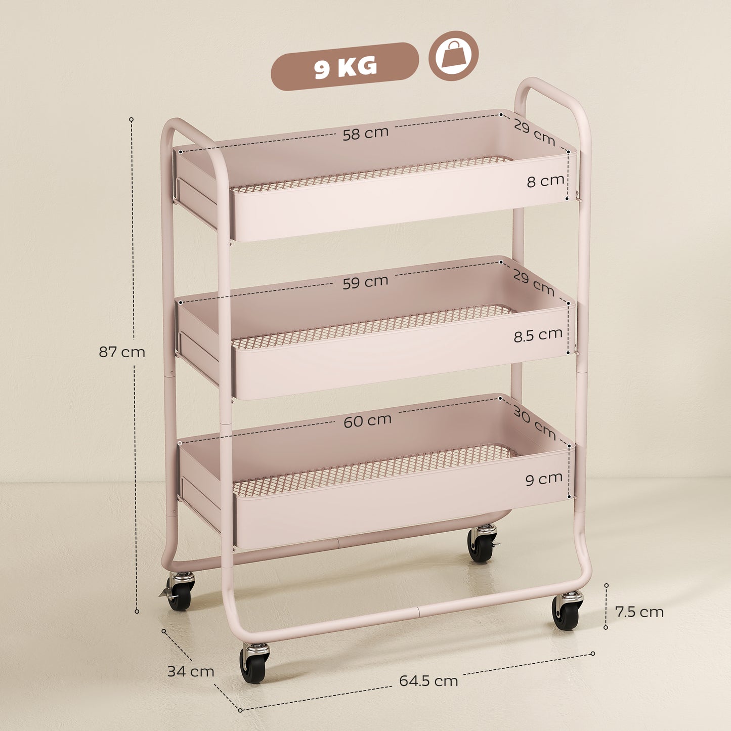 3-Tier Storage Trolley, Storage Cart with Mesh Backets, Wheels