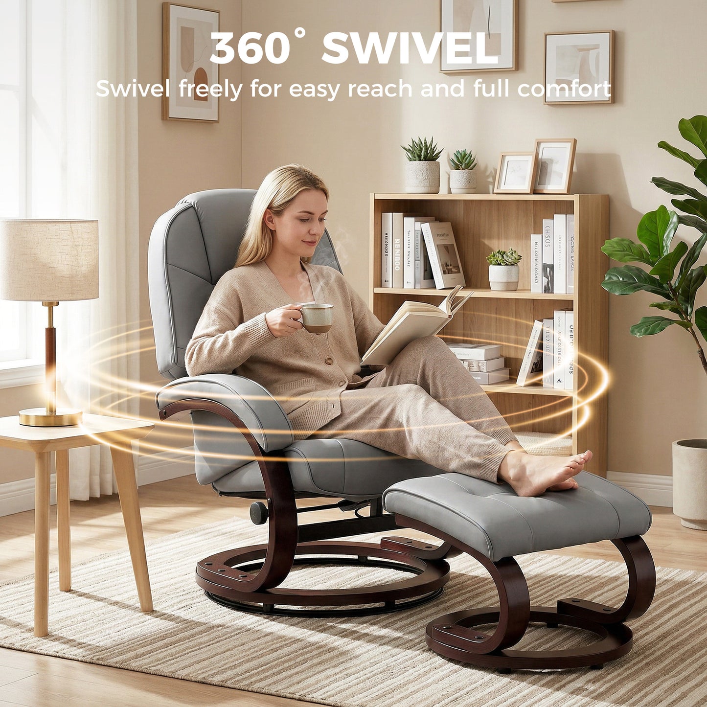 Recliner Chair with Footstool, Swivel Recliner Armchair, Grey