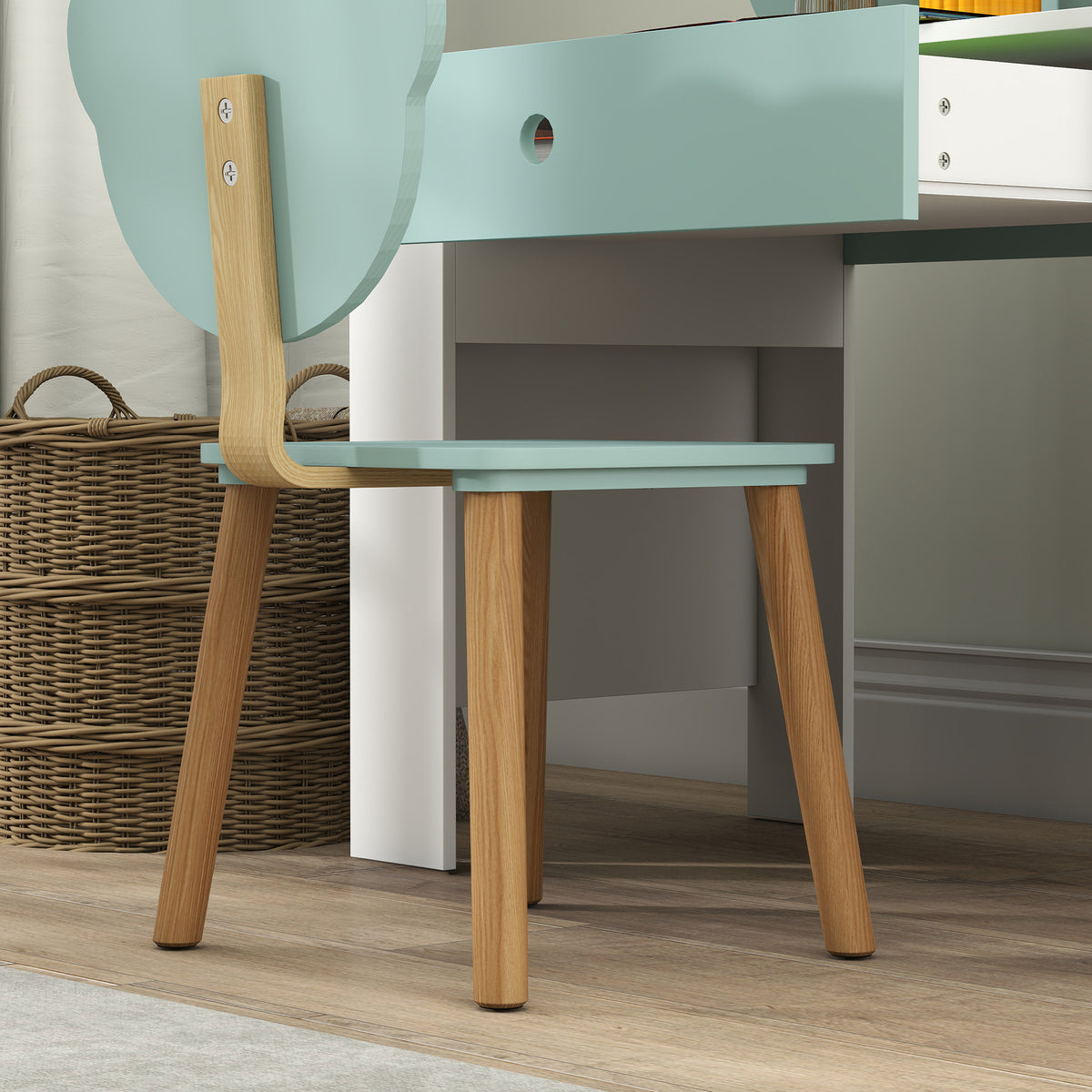 Kids' Desk and Chair Set with Storage Drawer and Bear Backrest - Green & White