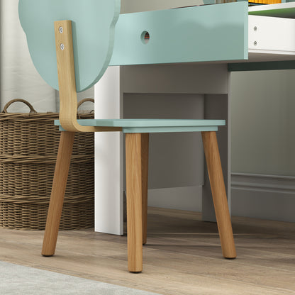 Kids' Desk and Chair Set with Storage Drawer and Bear Backrest - Green & White