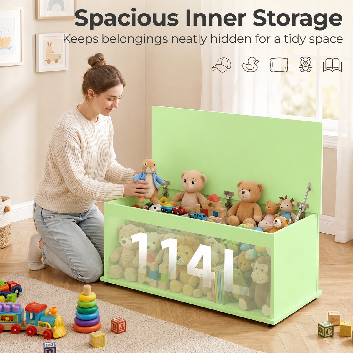 Storage Chest With Lid, 114L Storage Box, Green