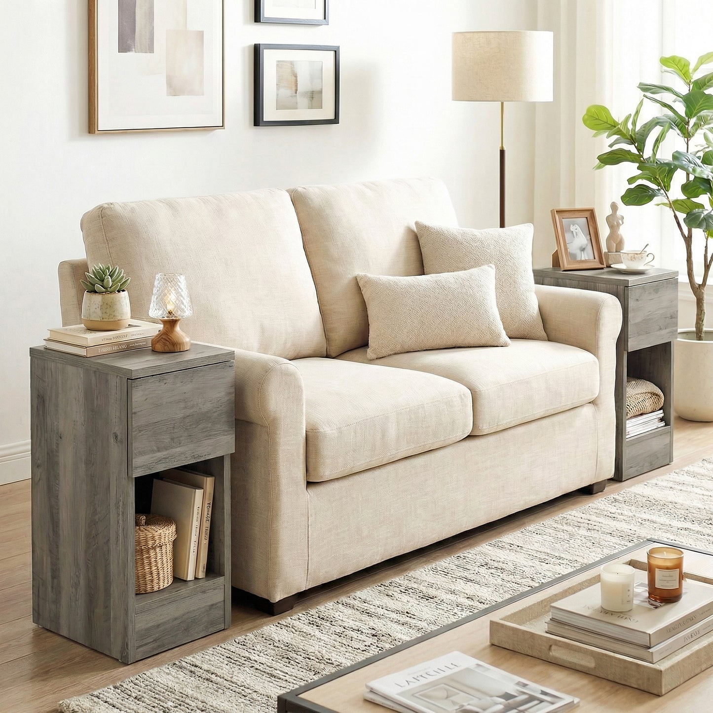 Bedside Tables Set of 2, Nightstands for Bedroom, Living Room, Grey