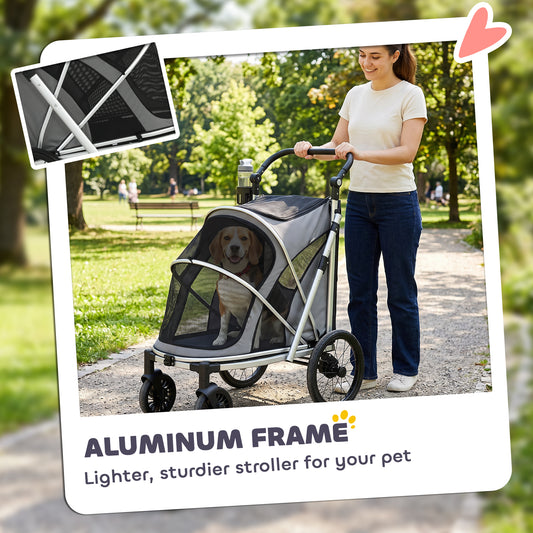 Dog Stroller, Pet Stroller for Small and Medium Dogs, Foldable Puppy Pram Pet Pushchair with 2 Big Wheels, Shock-Absorbing Frame, Seat Leashes, Brakes, Maximum Load 20 kg, Grey