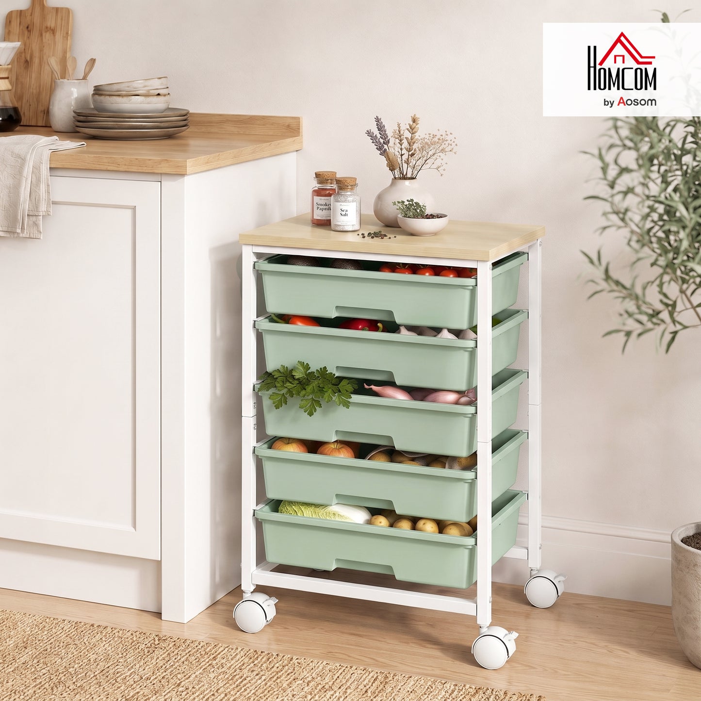 6-Tier Storage Trolley on Wheels with 5 Pull-Out Drawers, Green