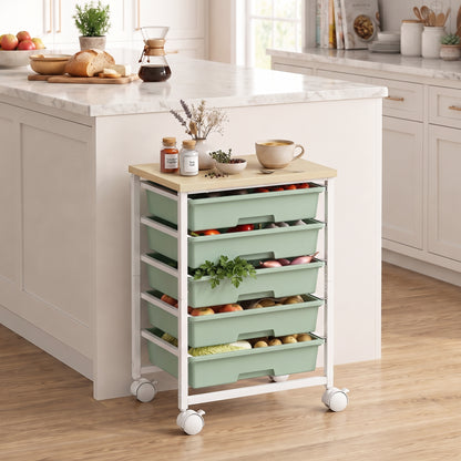 6-Tier Storage Trolley on Wheels with 5 Pull-Out Drawers, Green