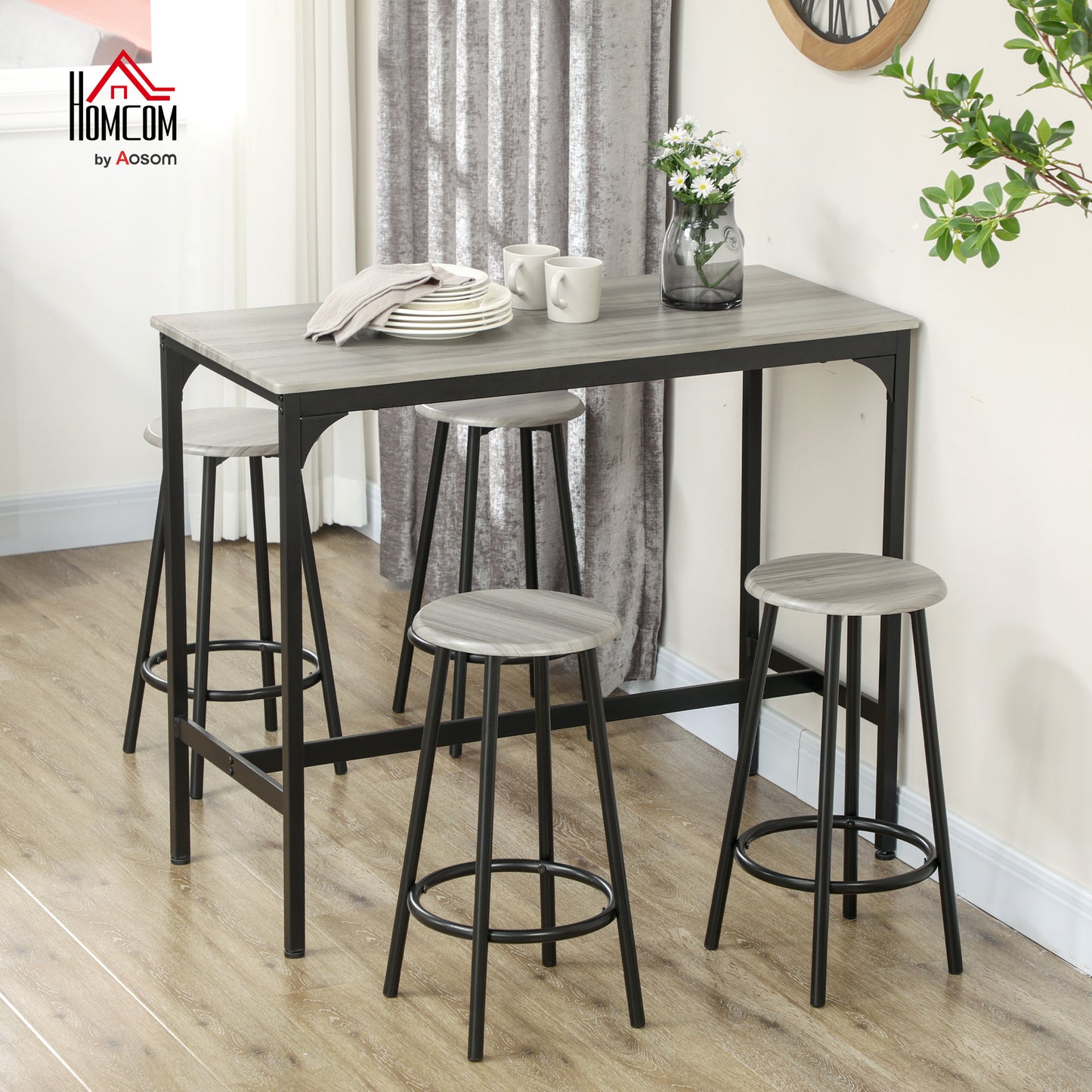 5 Piece Bar Table and Stools Set with Metal Frame Grey