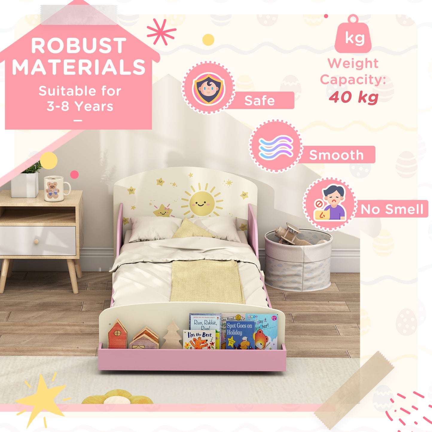 Toddler Bed, Sun-Themed Kids Bed Frame with Storage, Pink