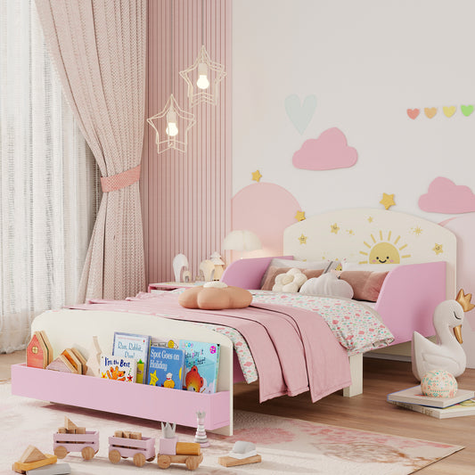 Toddler Bed, Sun-Themed Kids Bed Frame with Storage, Pink