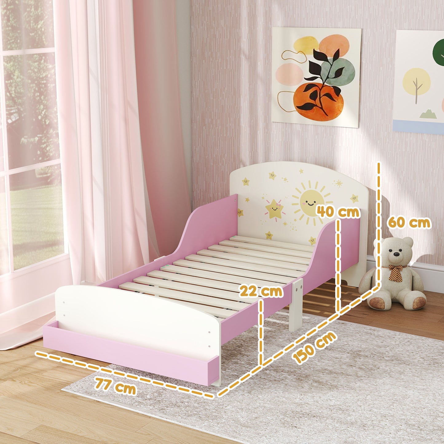 Toddler Bed, Sun-Themed Kids Bed Frame with Storage, Pink