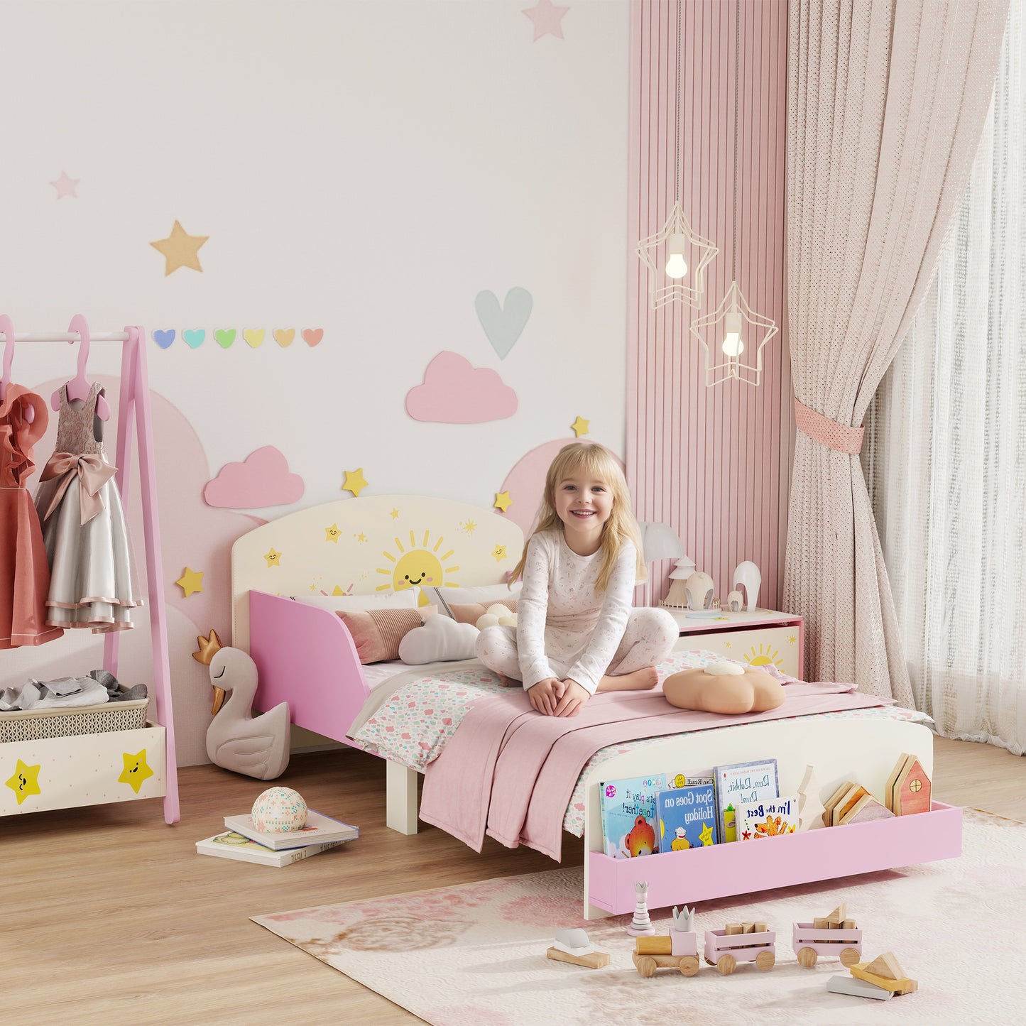 Toddler Bed, Sun-Themed Kids Bed Frame with Storage, Pink