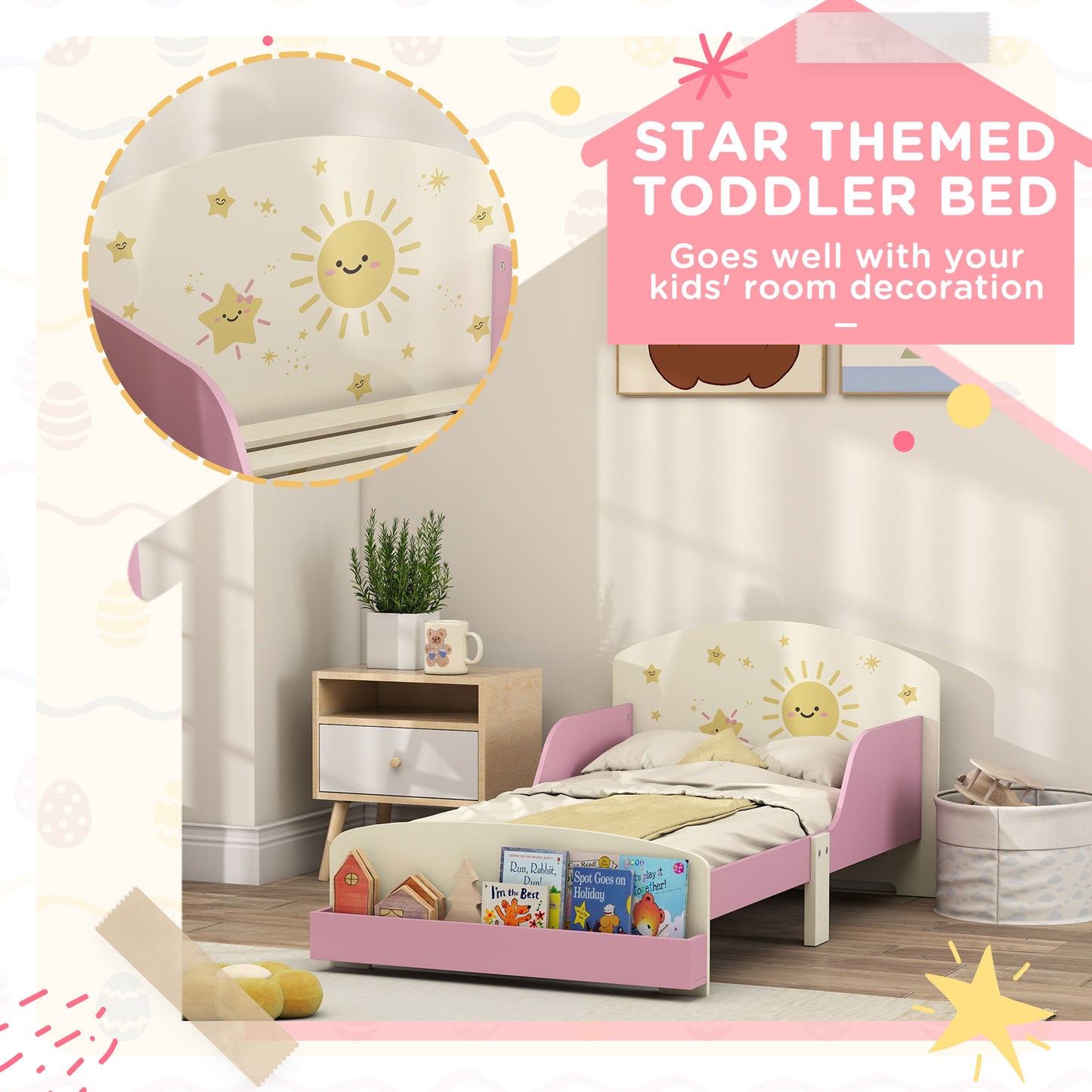 Toddler Bed, Sun-Themed Kids Bed Frame with Storage, Pink