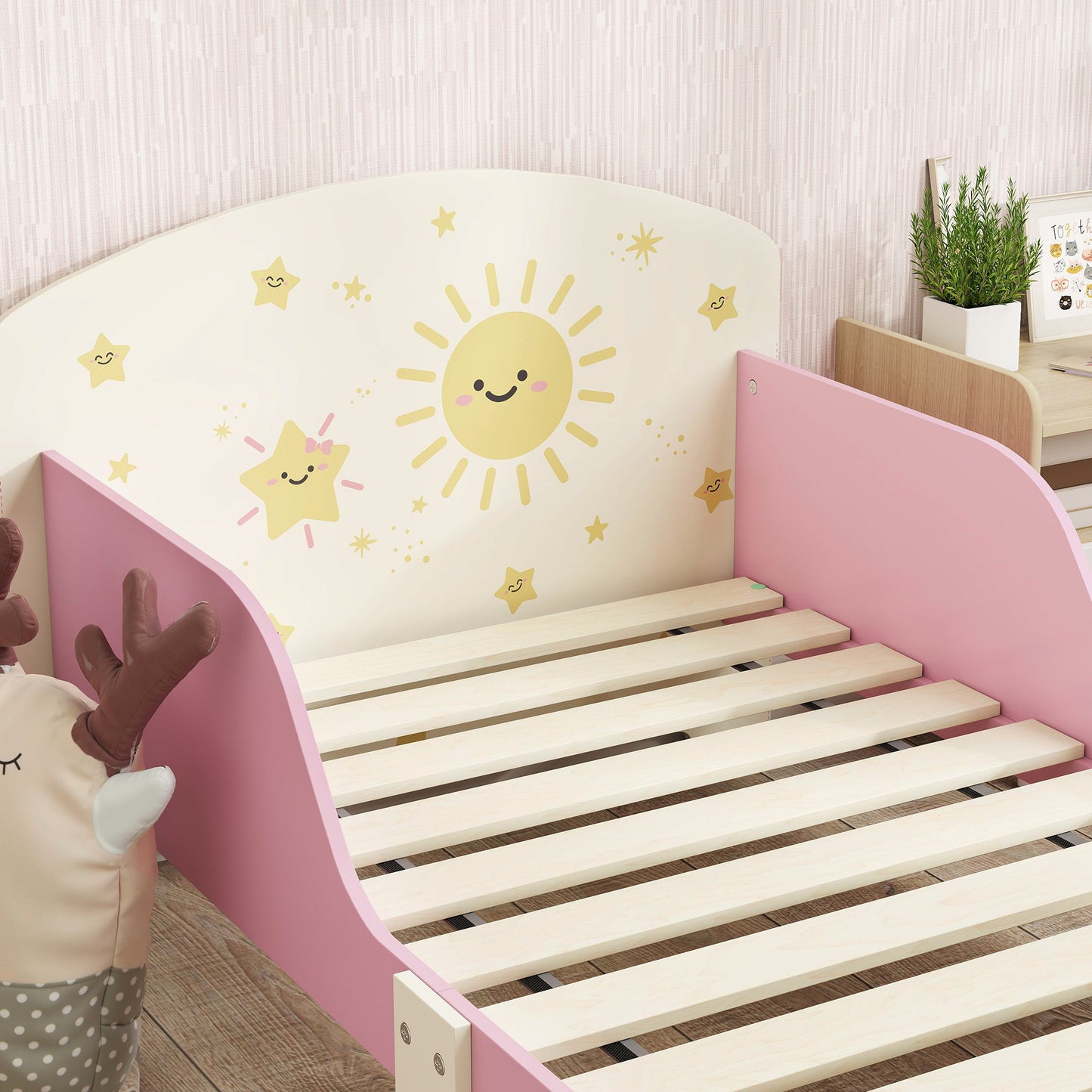 Toddler Bed, Sun-Themed Kids Bed Frame with Storage, Pink