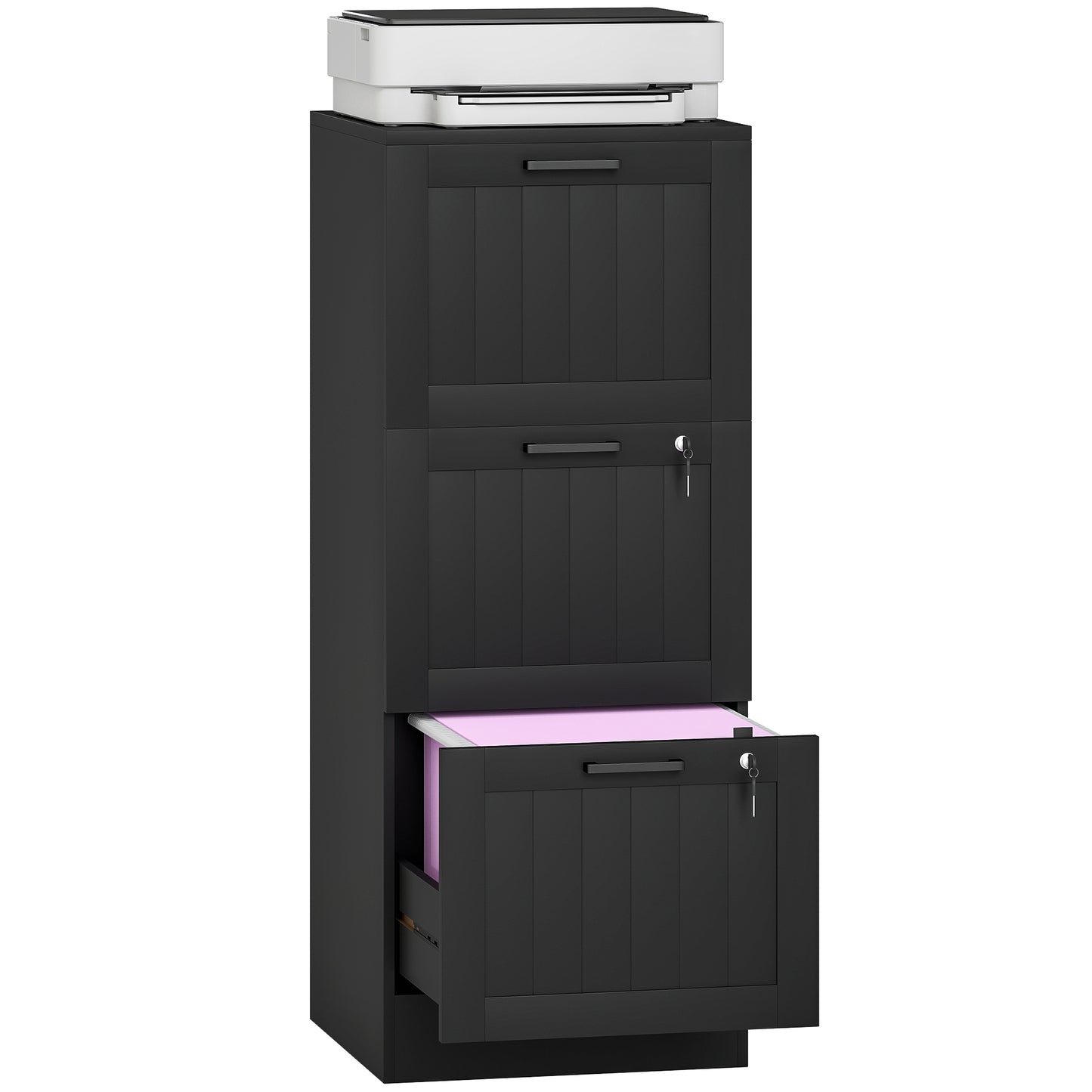 3 Drawer File Cabinet with Lock and Adjustable Hanging Bars, Black