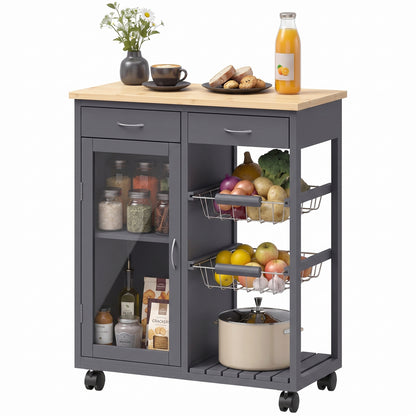 Bamboo Kitchen Island with Glass Door, 2 Metal Wire Baskets, Grey