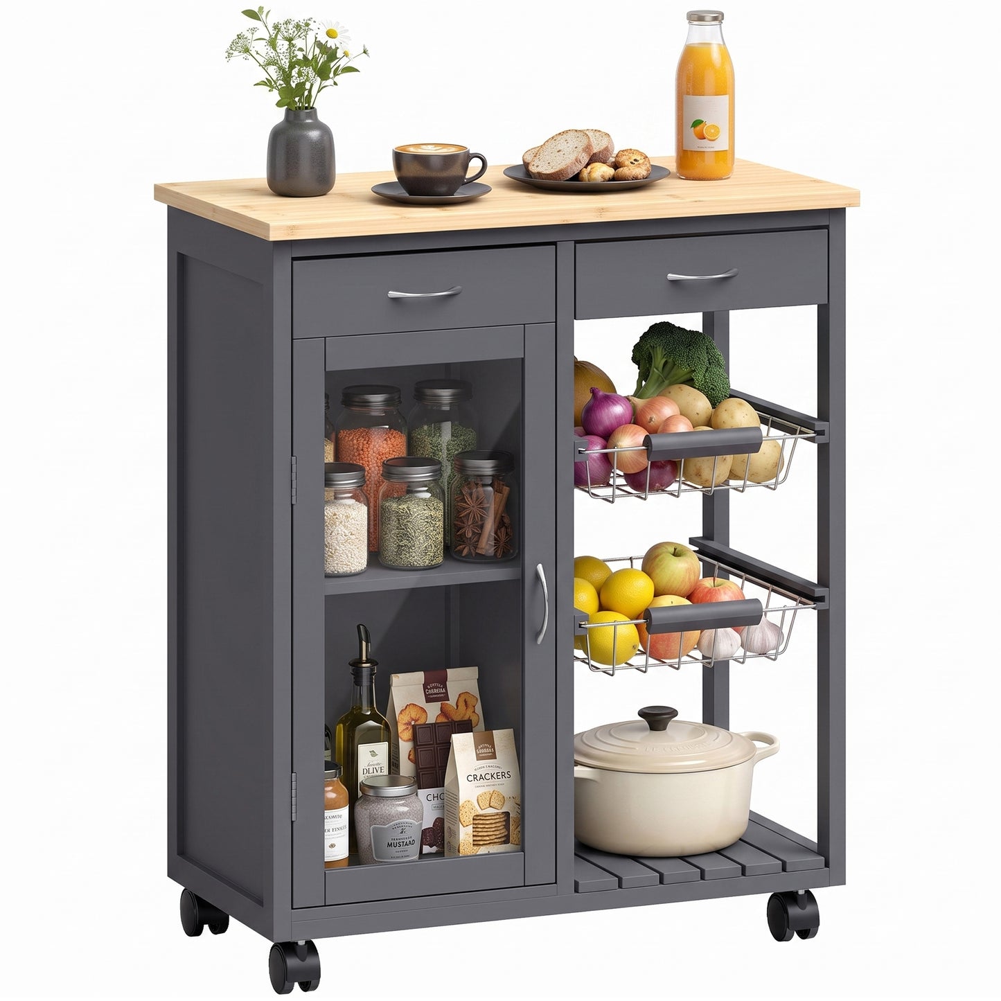 Bamboo Kitchen Island with Glass Door, 2 Metal Wire Baskets, Grey