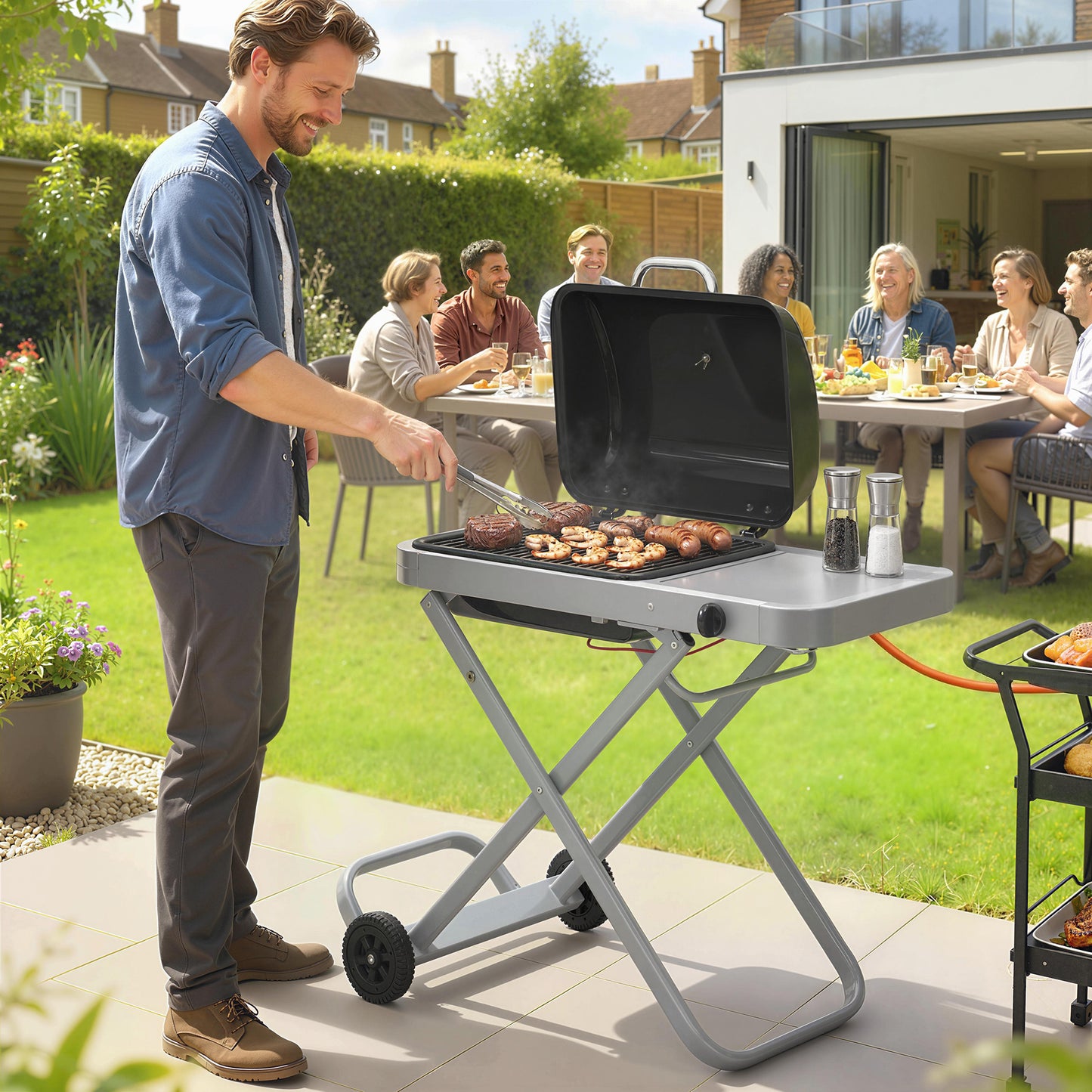 Foldable Gas BBQ Barbecue Grill with Side Table, 2.5 kW, Black