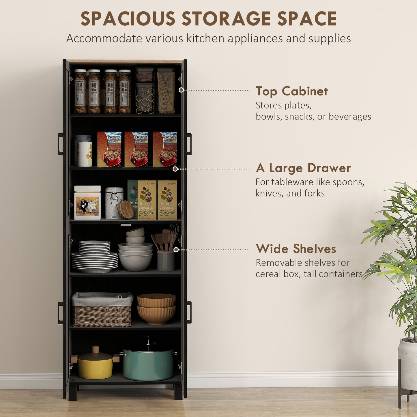 Modern Kitchen Cupboard Storage Cabinet with 4 Shelves, Black