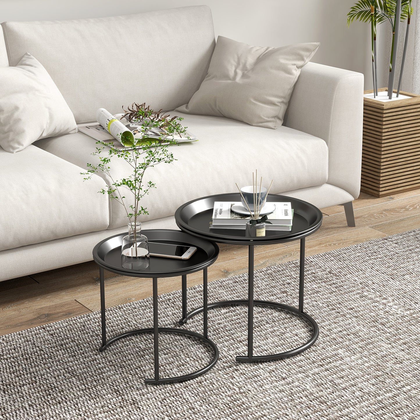 Nesting Tables Set of 2, End Table with Removable Tabletop Tray White