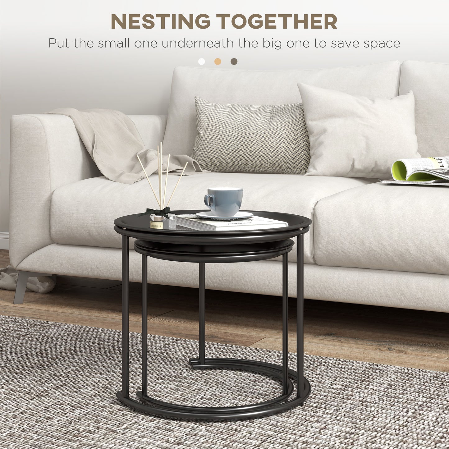 Nesting Tables Set of 2, End Table with Removable Tabletop Tray White
