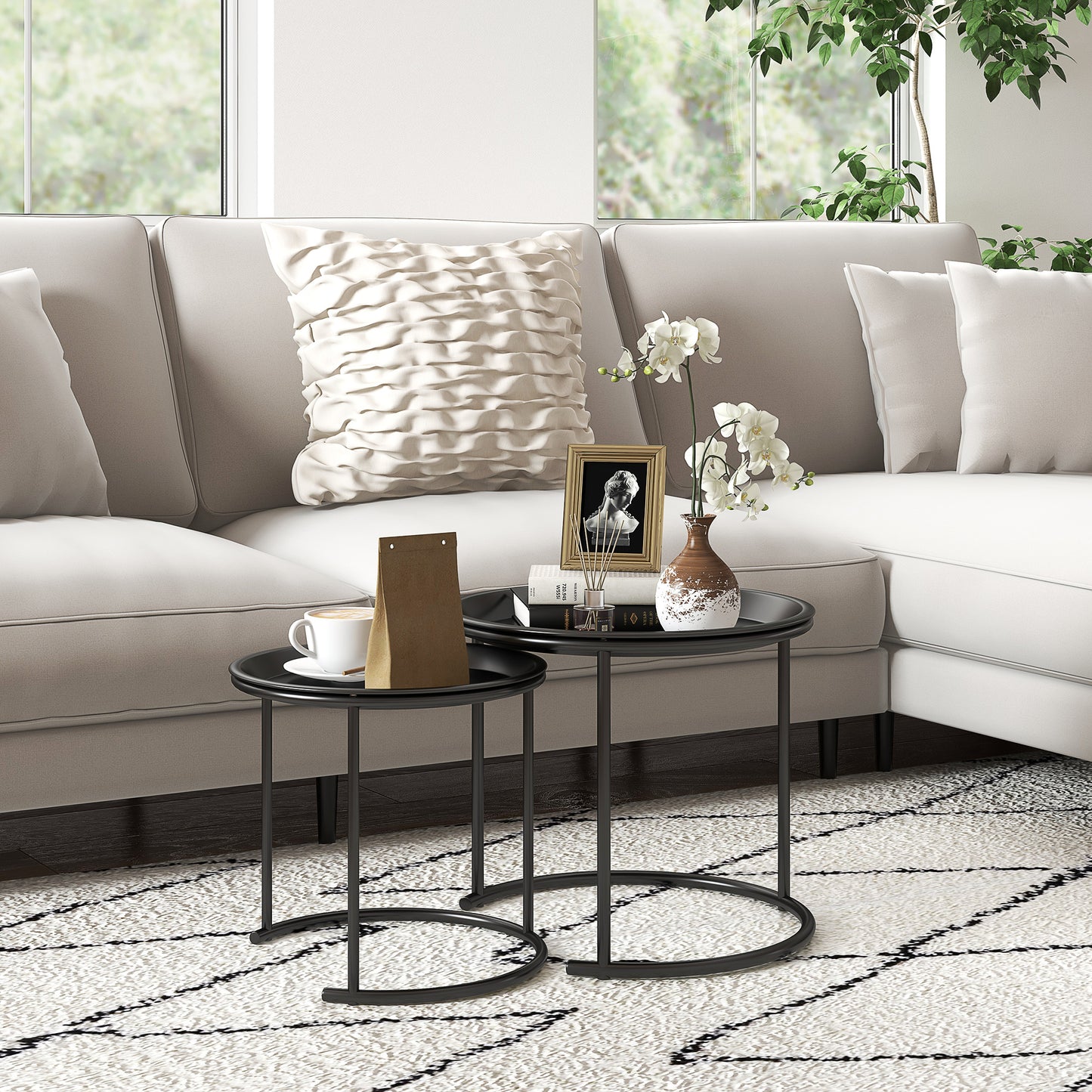 Nesting Tables Set of 2, End Table with Removable Tabletop Tray White