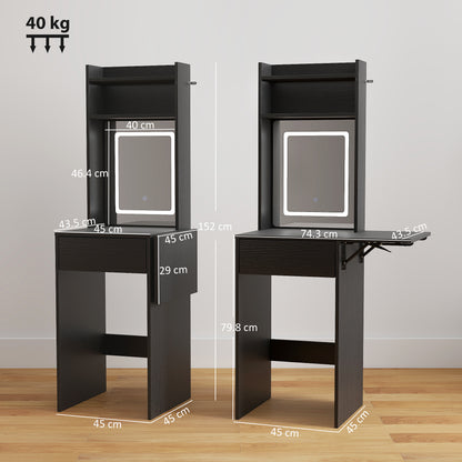Compact Dressing Table with Lighted Mirror Open Shelves Drawer Black