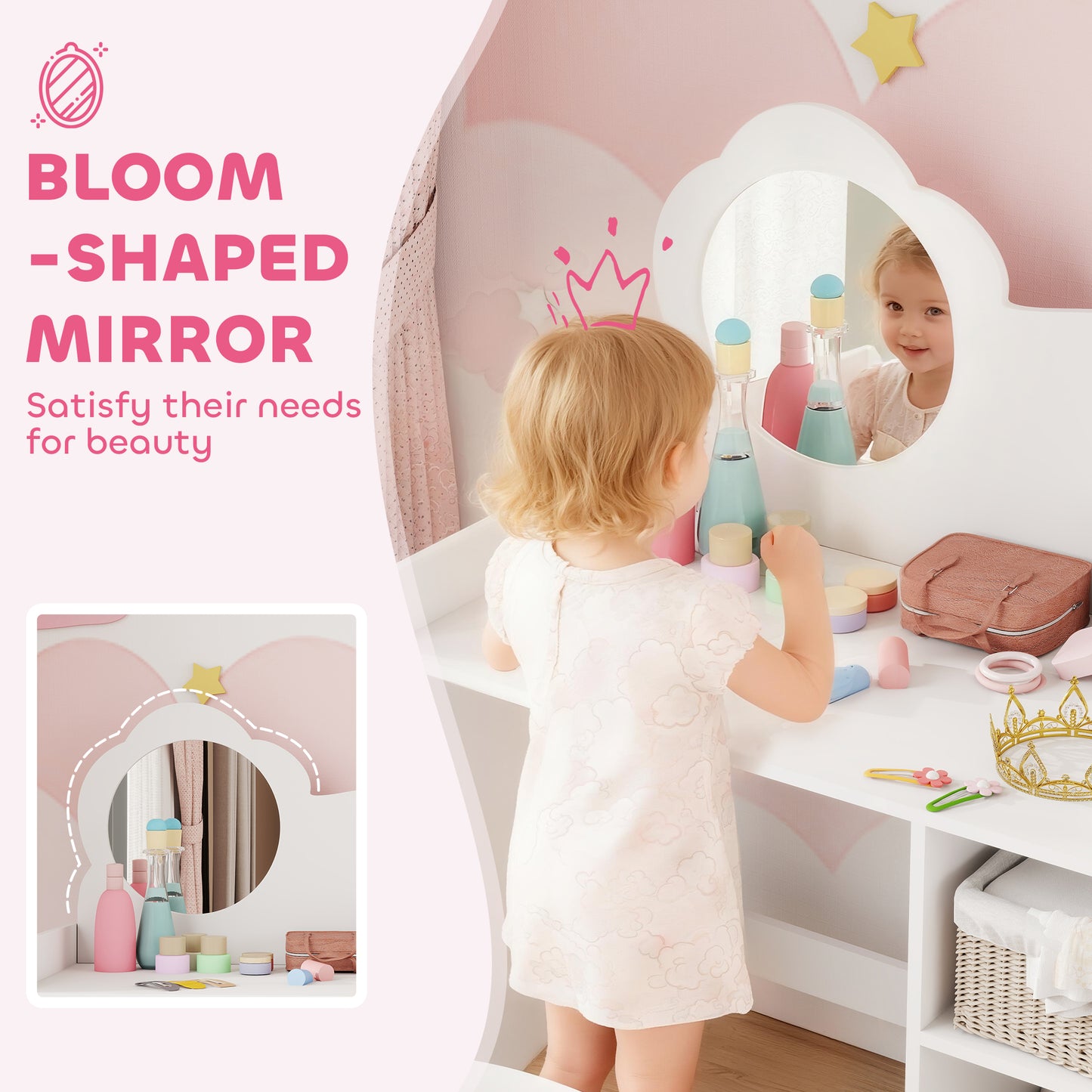 Kids Dressing Table with Mirror, Stool, Vanity Table, White