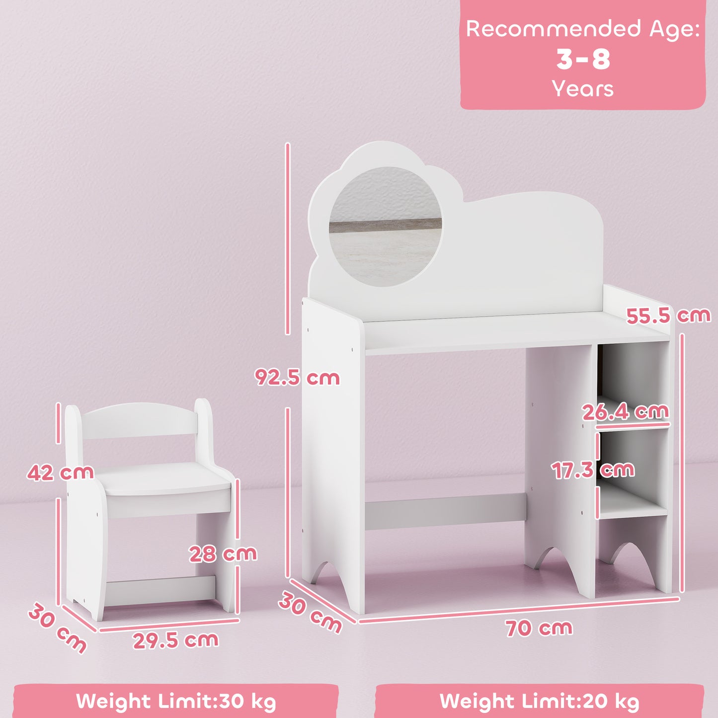 Kids Dressing Table with Mirror, Stool, Vanity Table, White