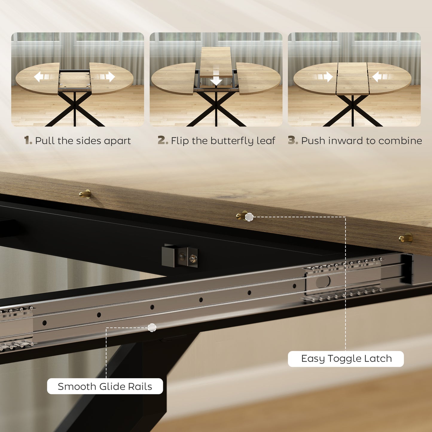 Extendable Dining Table for 4-6 with X-Shape Base, Natural Wood