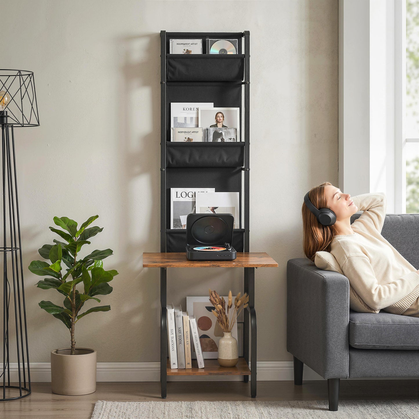 Vinyl Record Player Stand with Oxford Pockets Rustic Brown and Black