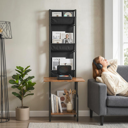 Vinyl Record Player Stand with Oxford Pockets Rustic Brown and Black