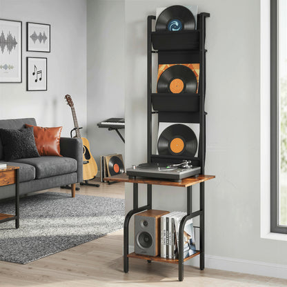 Vinyl Record Player Stand with Oxford Pockets Rustic Brown and Black