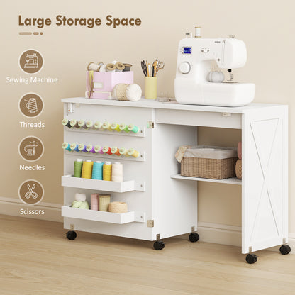 Folding Sewing Table, Craft Table with Storage compartments, White