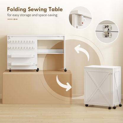 Folding Sewing Table, Craft Table with Storage compartments, White