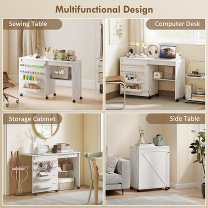 Folding Sewing Table, Craft Table with Storage compartments, White