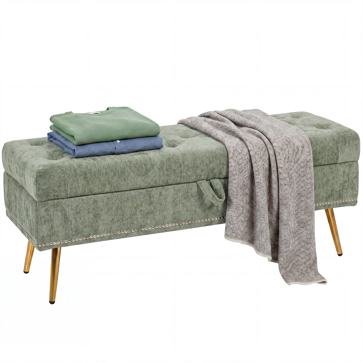 Storage Ottoman, Chenille Ottoman Storage Box, Light Green