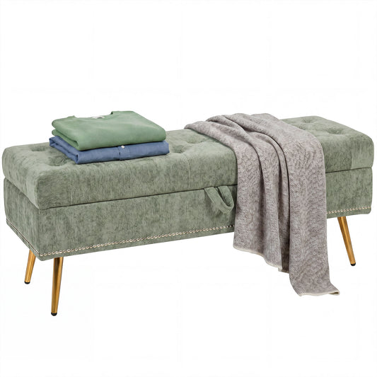 Storage Ottoman, Chenille Ottoman Storage Box, Light Green