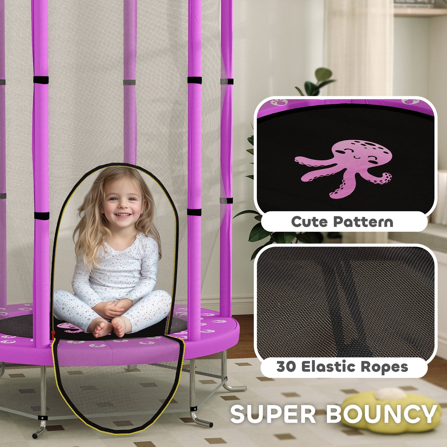 4.6ft Toddler Trampoline w/ Safety Enclosure Net, for Indoor Outdoor Use, Ages 3-6 Years, Purple