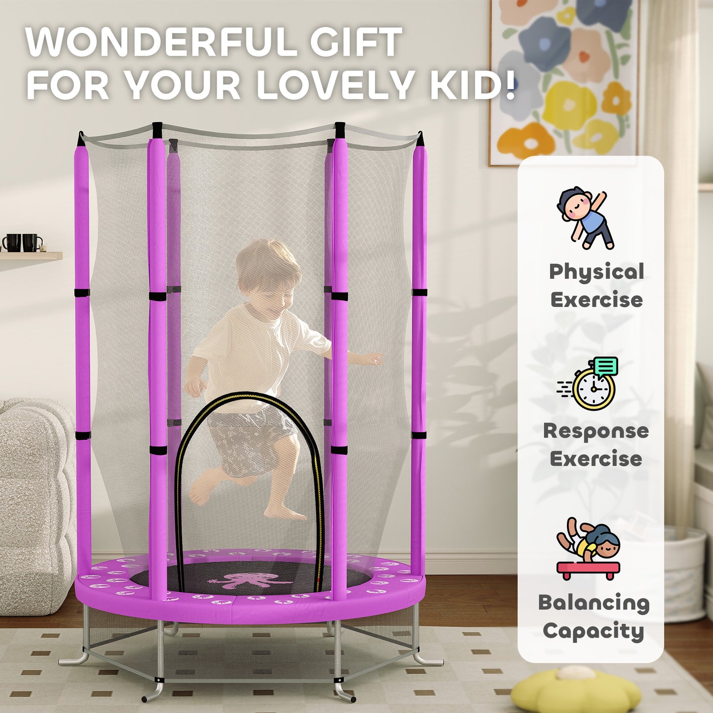 4.6ft Toddler Trampoline w/ Safety Enclosure Net, for Indoor Outdoor Use, Ages 3-6 Years, Purple