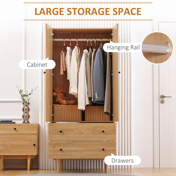 Wardrobe with 2 Doors, 2 Drawers, Hanging Rail for Bedroom Clothes Storage Organiser, 80x52x180cm, Natural Tone