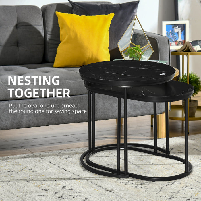 2 Pcs Modern Coffee Table with Faux Marble Side Accent Tables Black