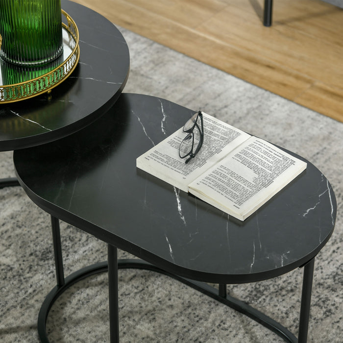 2 Pcs Modern Coffee Table with Faux Marble Side Accent Tables Black