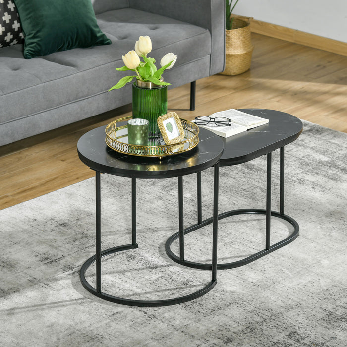 2 Pcs Modern Coffee Table with Faux Marble Side Accent Tables Black