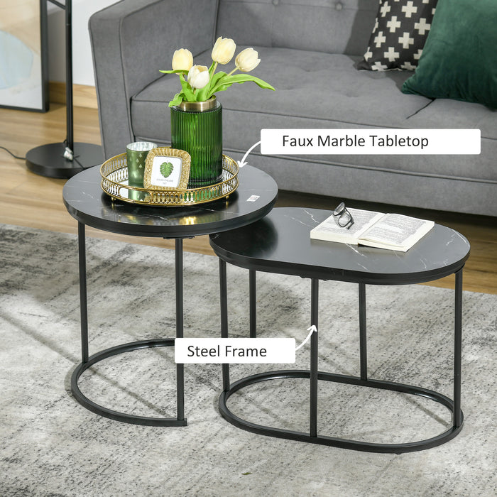 2 Pcs Modern Coffee Table with Faux Marble Side Accent Tables Black