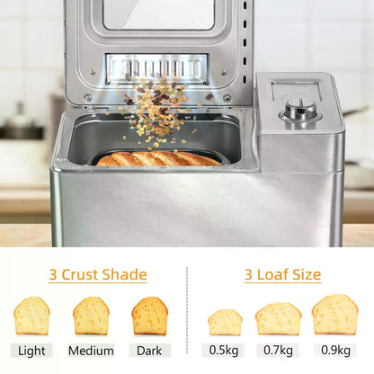 25 in 1 Bread Machine 0.9 KG Capacity Programmable Stainless Steel Dough Maker with Auto Fruit Nut Dispenser Nonstick Pan 3 Loaf Sizes, 550W