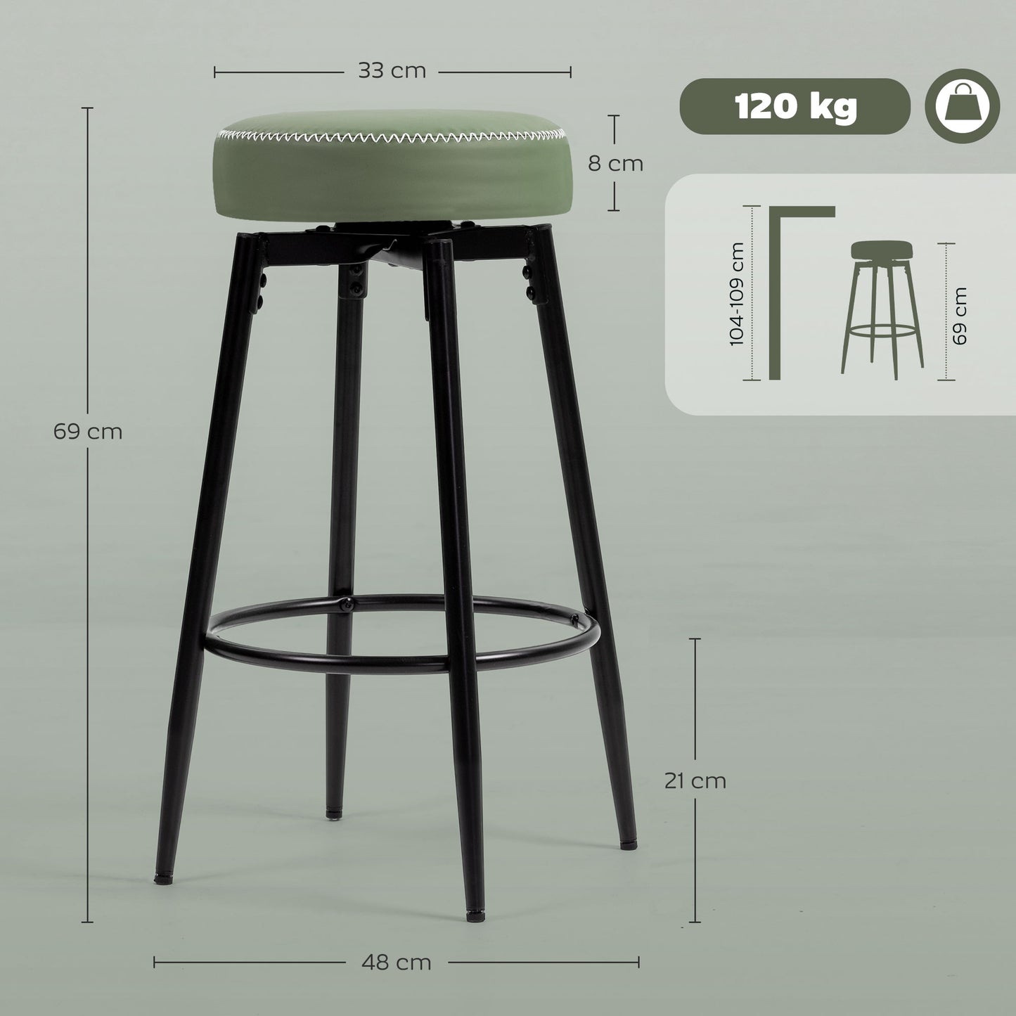 Swivel Bar Stools Set of 2, PU Leather Barstools with Footrest