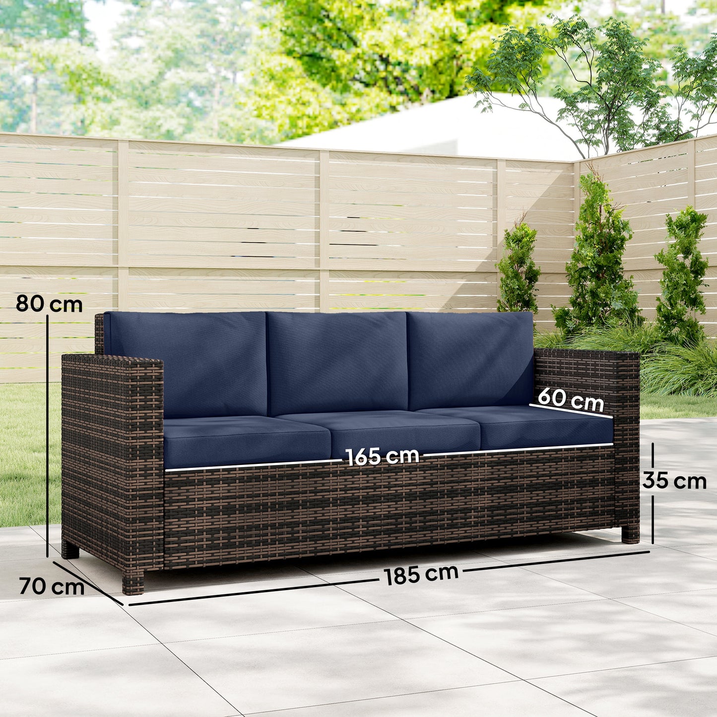 Rattan Wicker 3-seater Sofa Chair Patio Furniture, Dark Blue