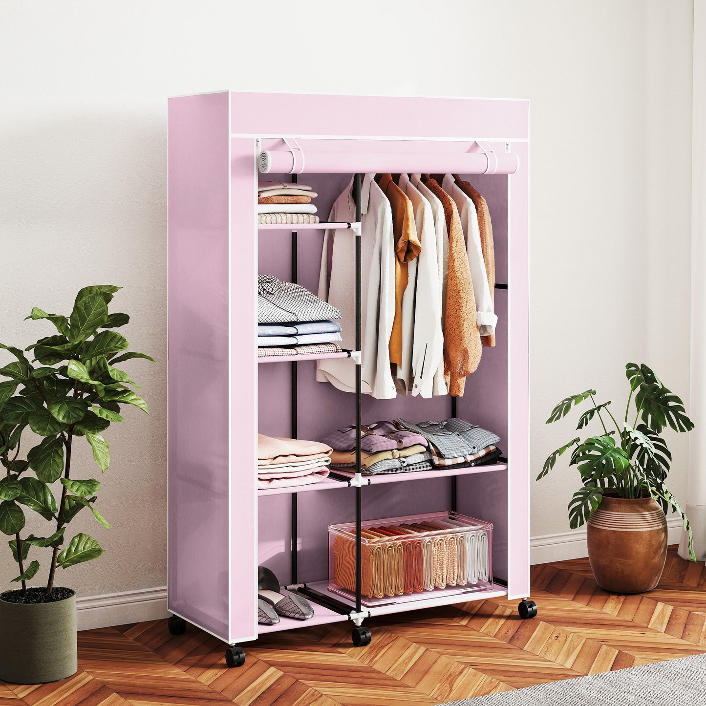 Fabric Wardrobe with wheels, Mobile Portable Wardrobe with 6 Shelves, 1 Hanging Rail, Foldable, 103 x 43 x 162.5 cm, Pink