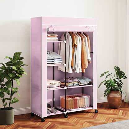 Fabric Wardrobe with wheels, Mobile Portable Wardrobe with 6 Shelves, 1 Hanging Rail, Foldable, 103 x 43 x 162.5 cm, Pink